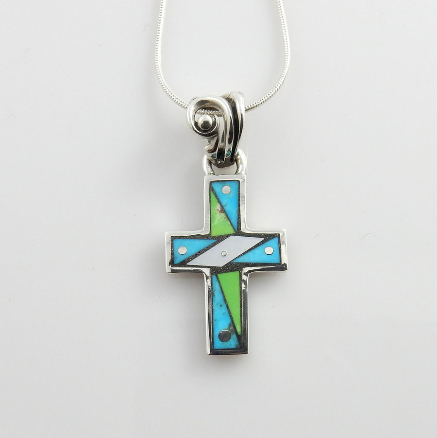 Very Unique Sterling Silver Multi-stone Mosaic Inlay Cross Pendant, Mosaic Inlay Turquoise Cross Drop Pendant, Stylish Turquoise Inlay Cross