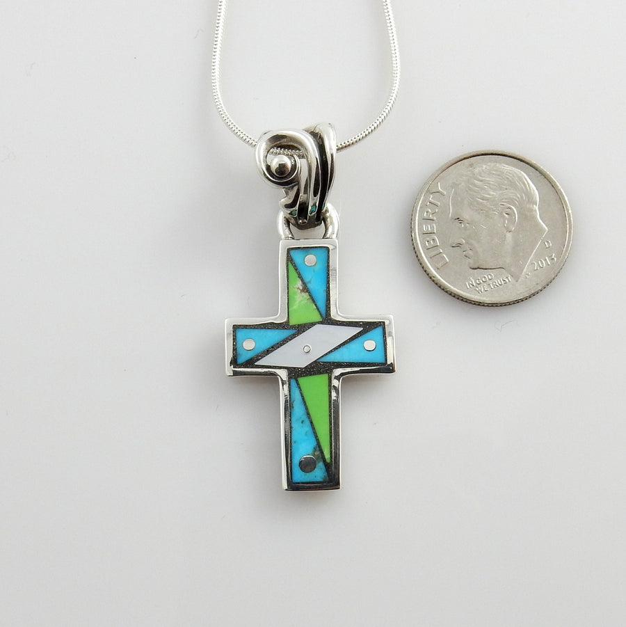 Very Unique Sterling Silver Multi-stone Mosaic Inlay Cross Pendant, Mosaic Inlay Turquoise Cross Drop Pendant, Stylish Turquoise Inlay Cross