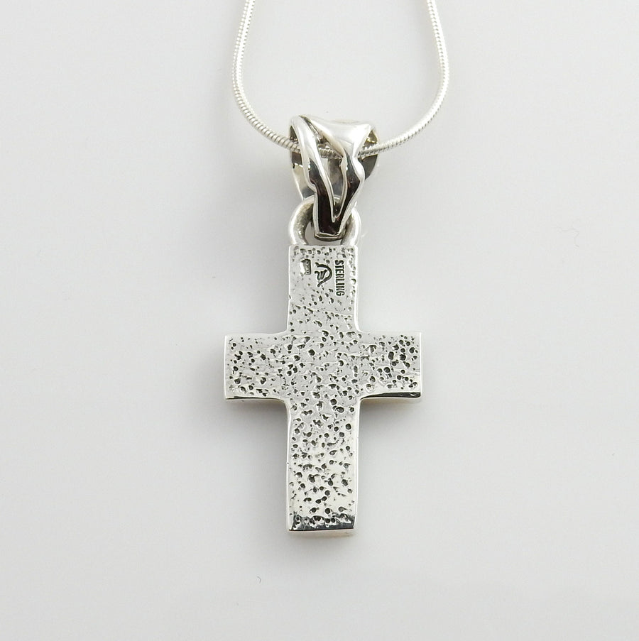 Very Unique Sterling Silver Multi-stone Mosaic Inlay Cross Pendant, Mosaic Inlay Turquoise Cross Drop Pendant, Stylish Turquoise Inlay Cross