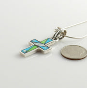 Very Unique Sterling Silver Multi-stone Mosaic Inlay Cross Pendant, Mosaic Inlay Turquoise Cross Drop Pendant, Stylish Turquoise Inlay Cross