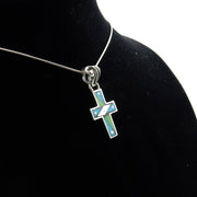 Very Unique Sterling Silver Multi-stone Mosaic Inlay Cross Pendant, Mosaic Inlay Turquoise Cross Drop Pendant, Stylish Turquoise Inlay Cross