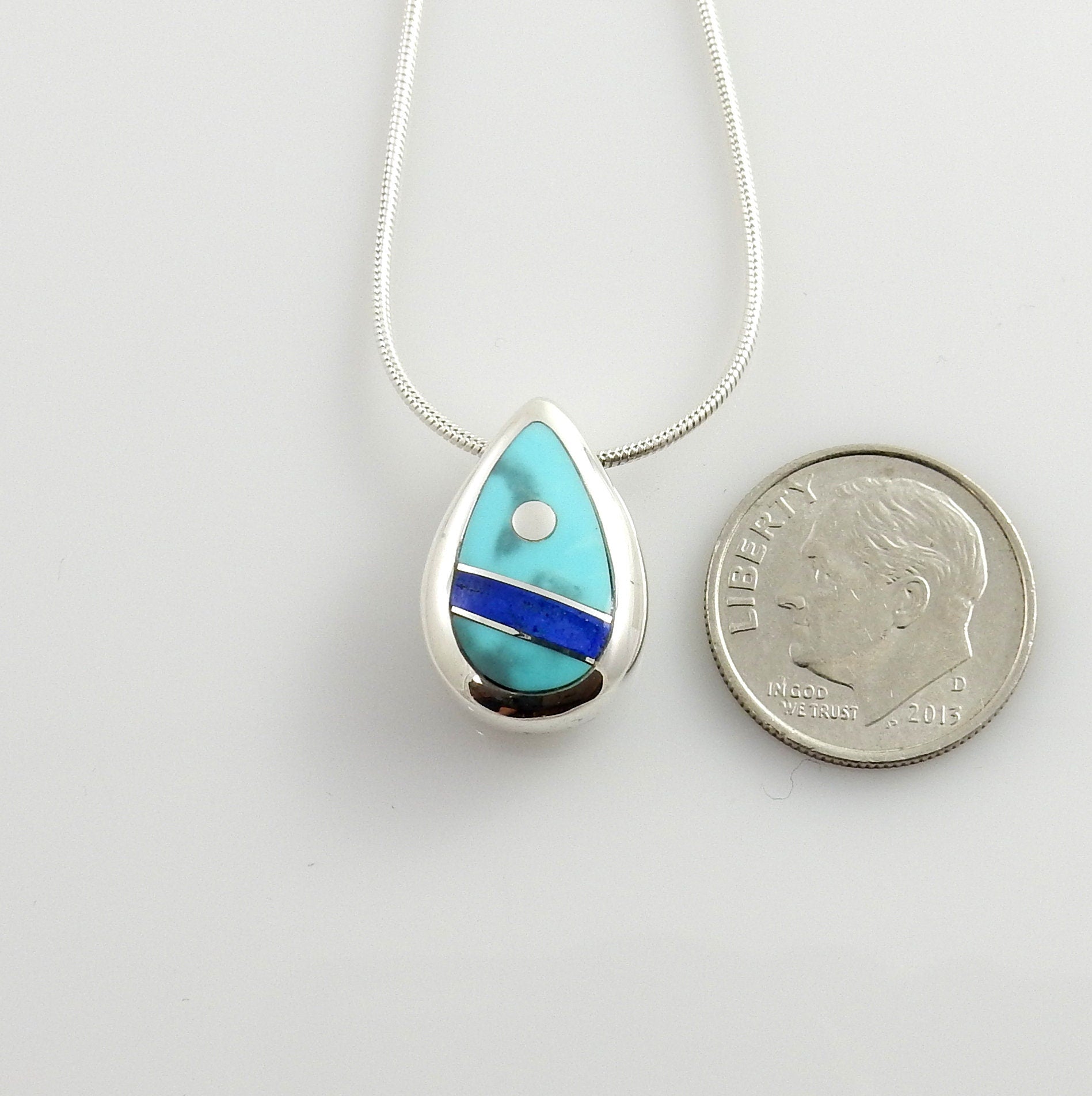 Silver turquoise lapis inlay floating pendant, sterling silver turquoise lapis pendant, inlay jewelry pendant, blue turquoise unique pendant