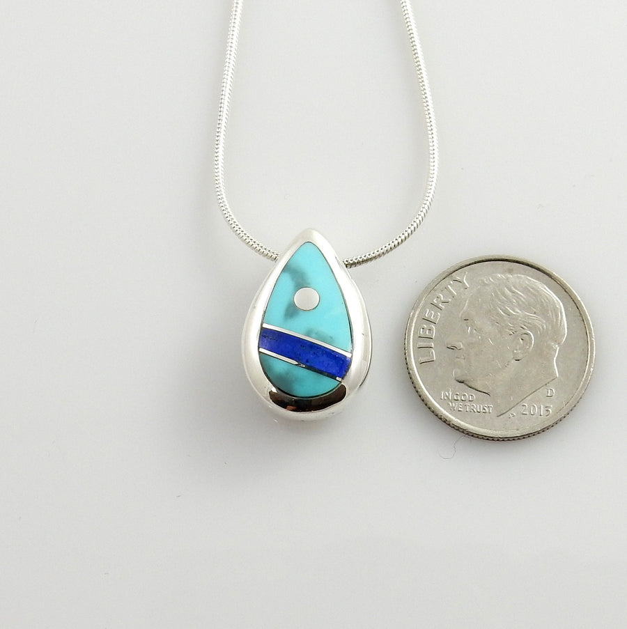 Silver turquoise lapis inlay floating pendant, sterling silver turquoise lapis pendant, inlay jewelry pendant, blue turquoise unique pendant