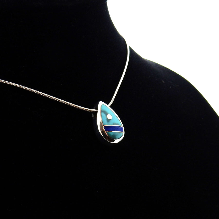 Silver turquoise lapis inlay floating pendant, sterling silver turquoise lapis pendant, inlay jewelry pendant, blue turquoise unique pendant