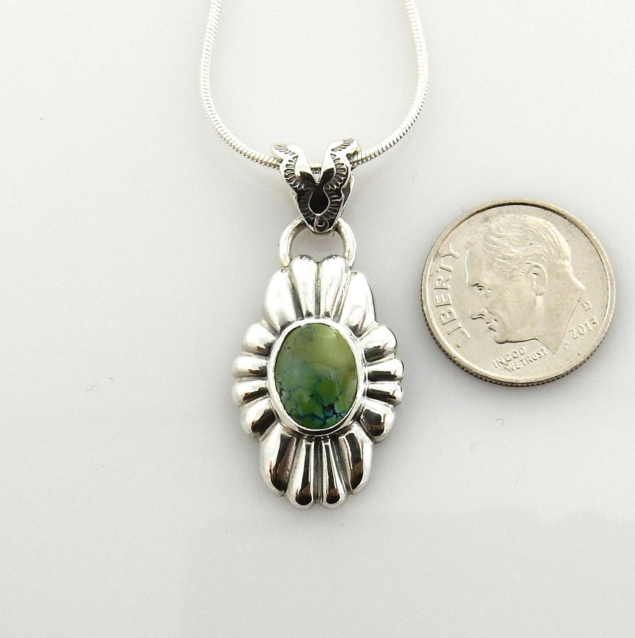 Unique Sterling Silver Tibetan Turquoise Pendant, Handmade Silver Green Turquoise Drop Pendant, Southwestern Silver Turquoise Pendant