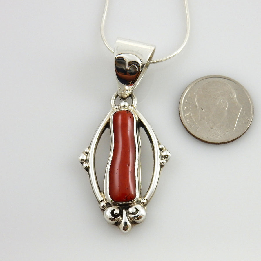 Unique One-of-a-kind Sterling Silver Italian Red Coral drop Bear Pendant w/ 18&quot; snake chain