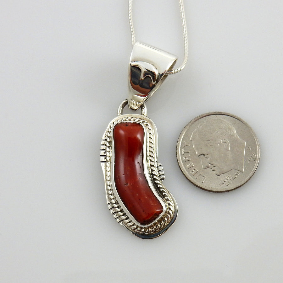 Unique One-of-a-kind Sterling Silver Italian Red Coral drop Pendant w/ 18&quot; snake chain