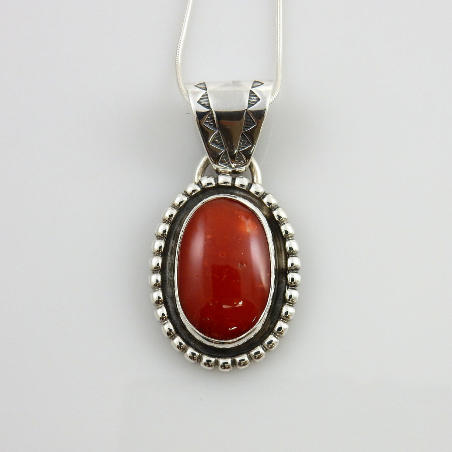 Southwestern Unique One-of-a-kind Sterling Silver Italian Red Coral drop Pendant w/ 18&quot; snake chain, Red Coral Handmade .925 Silver Pendant