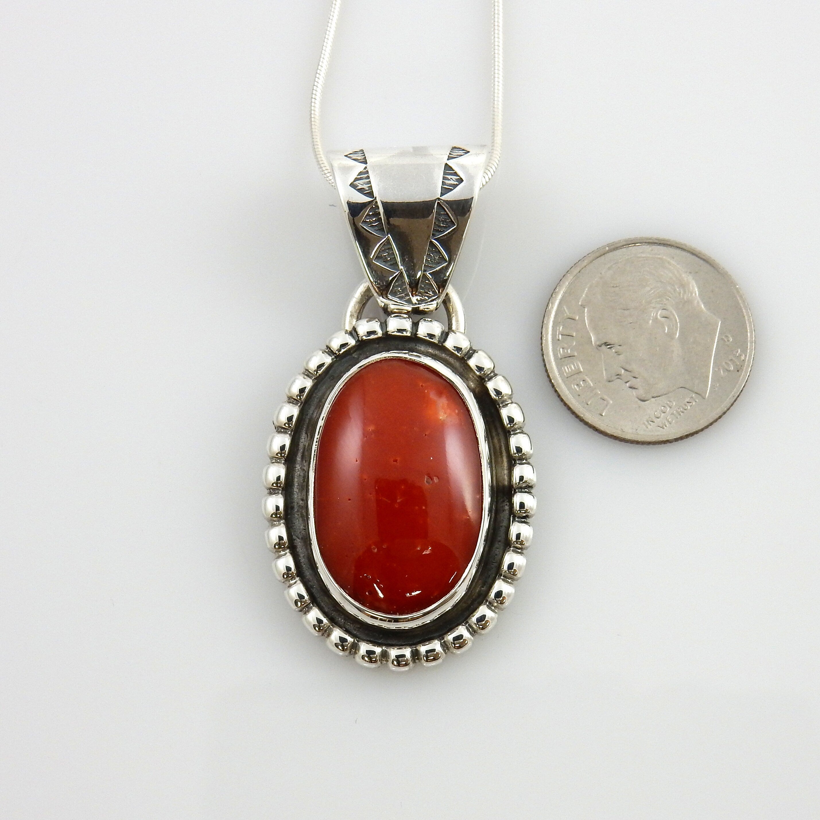 Southwestern Unique One-of-a-kind Sterling Silver Italian Red Coral drop Pendant w/ 18&quot; snake chain, Red Coral Handmade .925 Silver Pendant