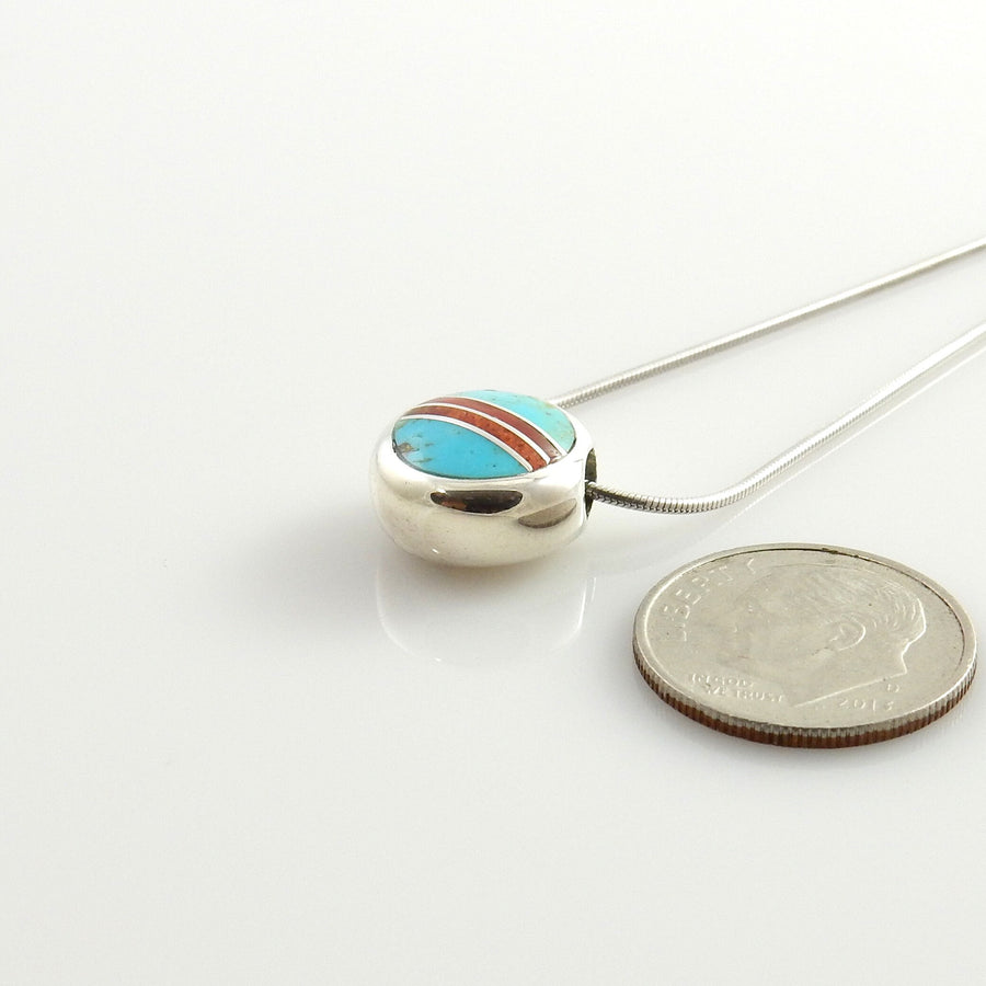 Sterling Silver Blue Turquoise Red Coral Inlay Floating Pendant