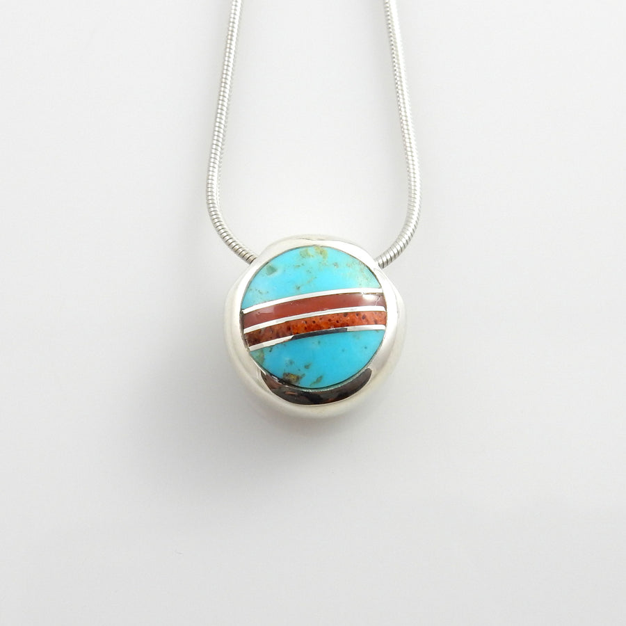 Sterling Silver Blue Turquoise Red Coral Inlay Floating Pendant