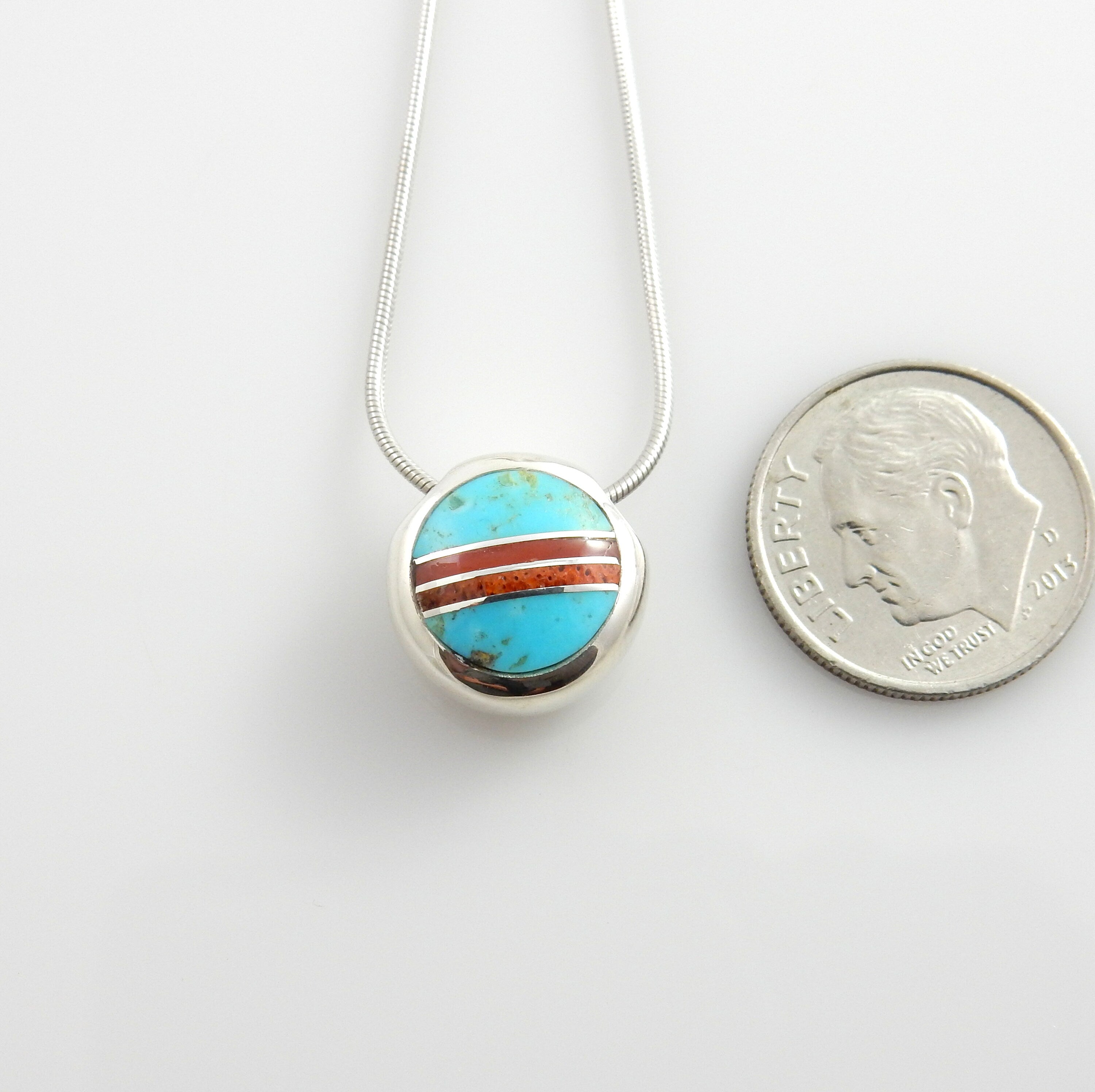 Sterling Silver Blue Turquoise Red Coral Inlay Floating Pendant