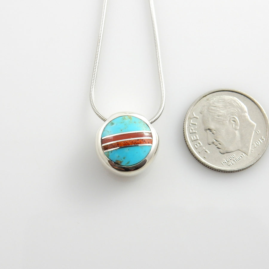 Sterling Silver Blue Turquoise Red Coral Inlay Floating Pendant