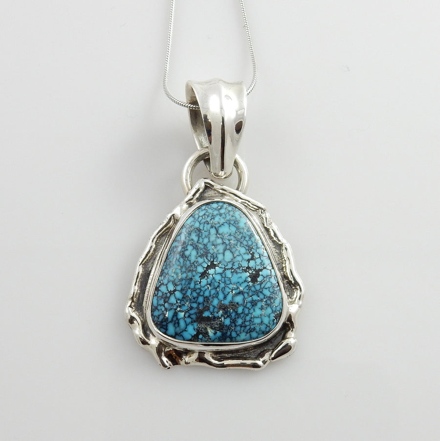 Unique Handmade Sterling Silver Spiderweb Blue Turquoise Pendant