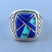 SIlver mens ring handmade southwestern inlay ring genuine 925 sterling silver lapis turquoise man ring Size 10