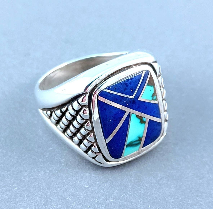 SIlver mens ring handmade southwestern inlay ring genuine 925 sterling silver lapis turquoise man ring Size 10