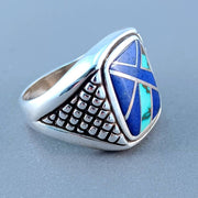 SIlver mens ring handmade southwestern inlay ring genuine 925 sterling silver lapis turquoise man ring Size 10