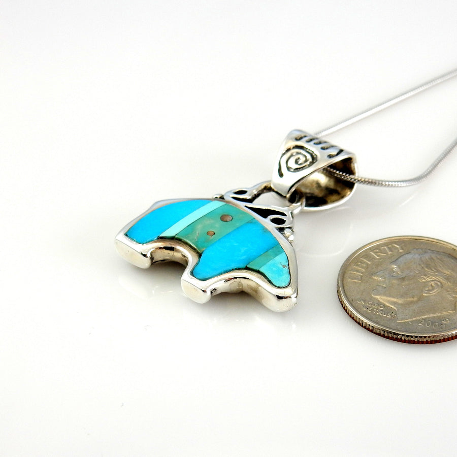 Sterling Silver Blue Turquoise Inlay Bear Pendant