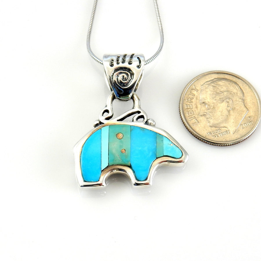 Sterling Silver Blue Turquoise Inlay Bear Pendant