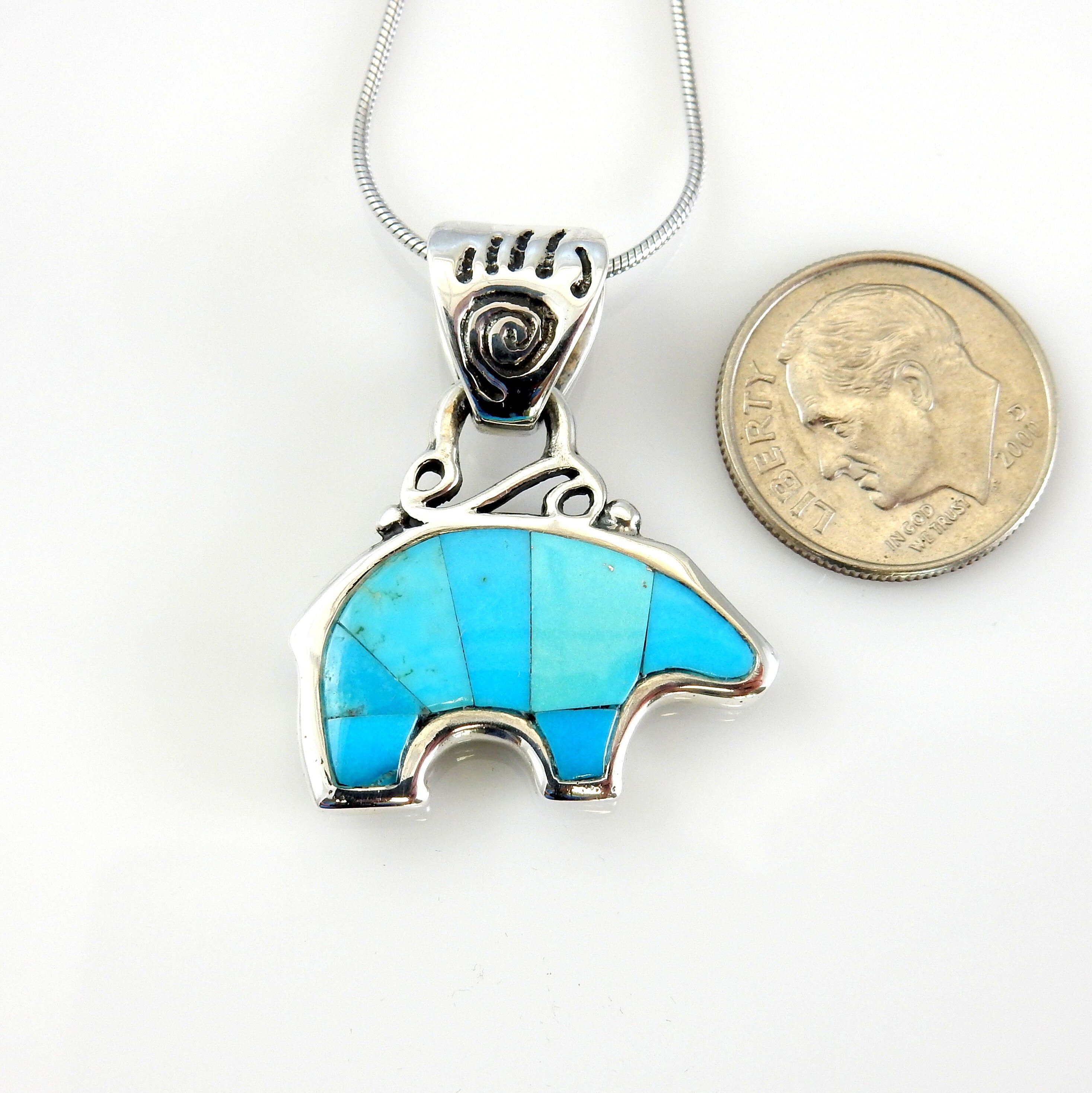 Sterling Silver Blue Turquoise Inlay Bear Pendant