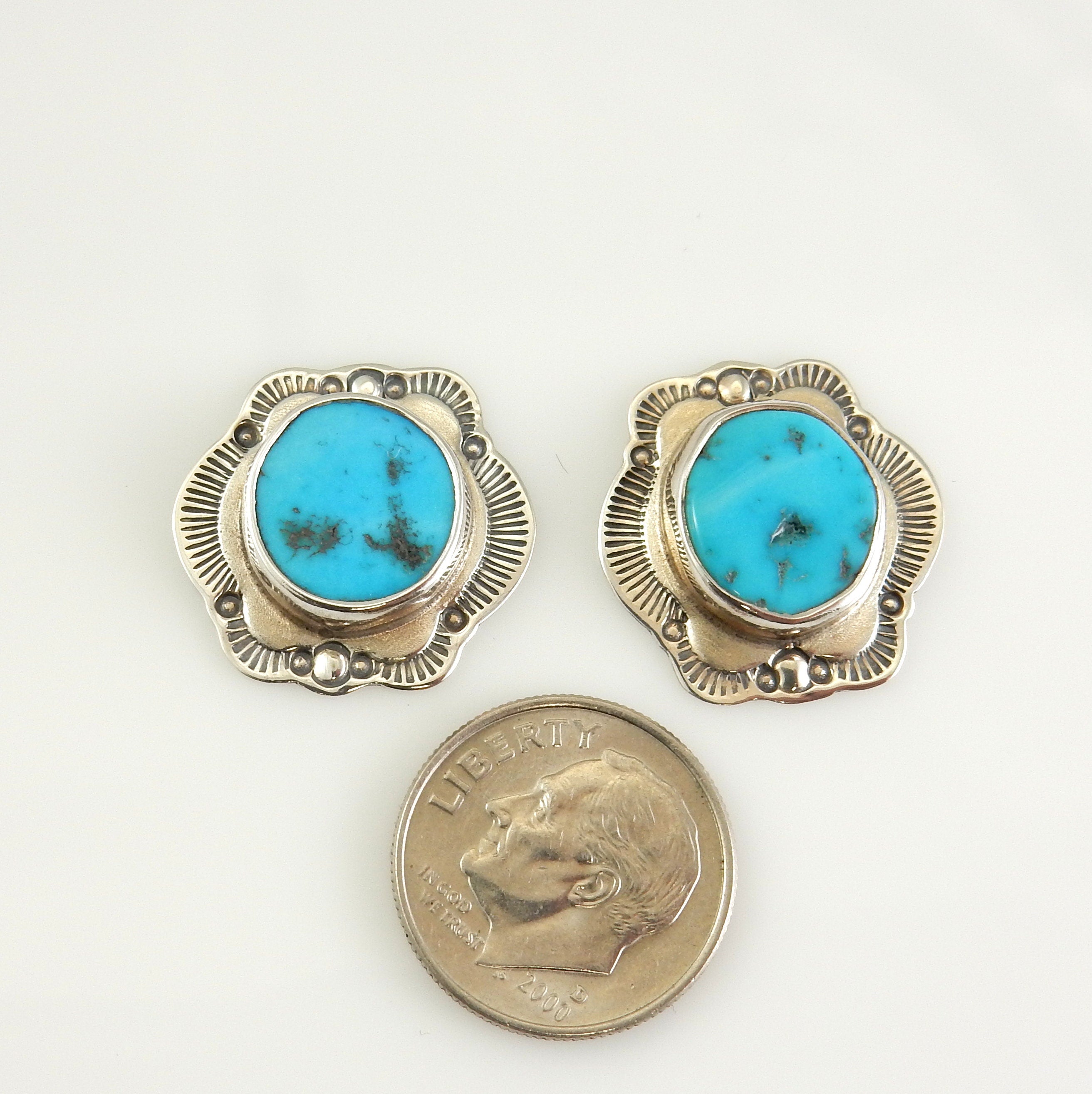 Sterling Silver Blue Turquoise Stamped Post Earrings