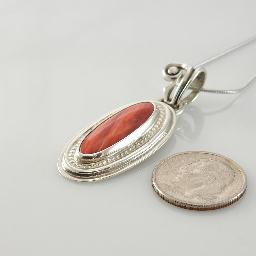 Sterling Silver Spiny Oyster Handmade Pendant, Beautiful silver red spiny oyster drop pendant, southwestern spiny oyster silver pendant