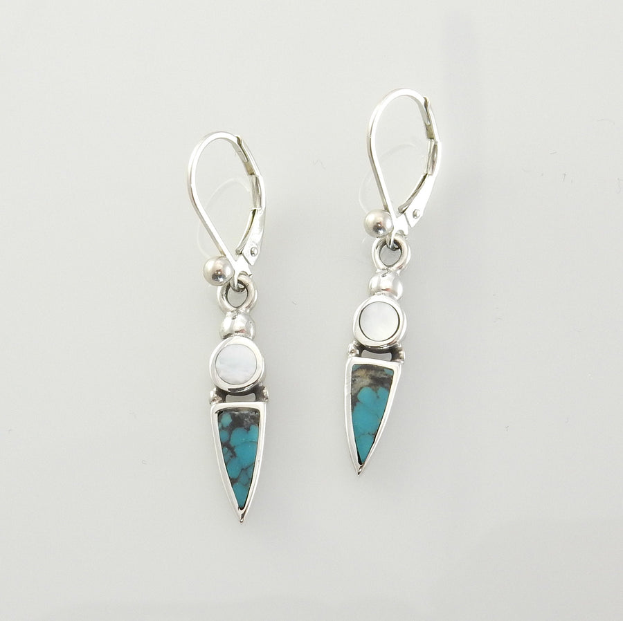 Unique Sterling Silver Blue Turquoise Inlay Dangle earrings, Silver Mother of Pearl Turquoise Inlay Drop Earrings, Sterling Turquoise Pearl