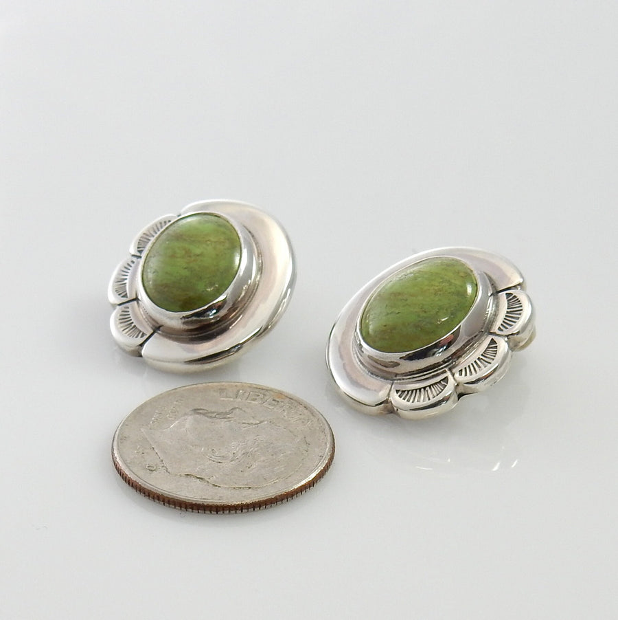 Silver Green Gaspeite Clip Earrings, Sterling Silver Handmade Gaspeite Clip Earrings, Unique Southwestern Silver Gaspeite Earrings