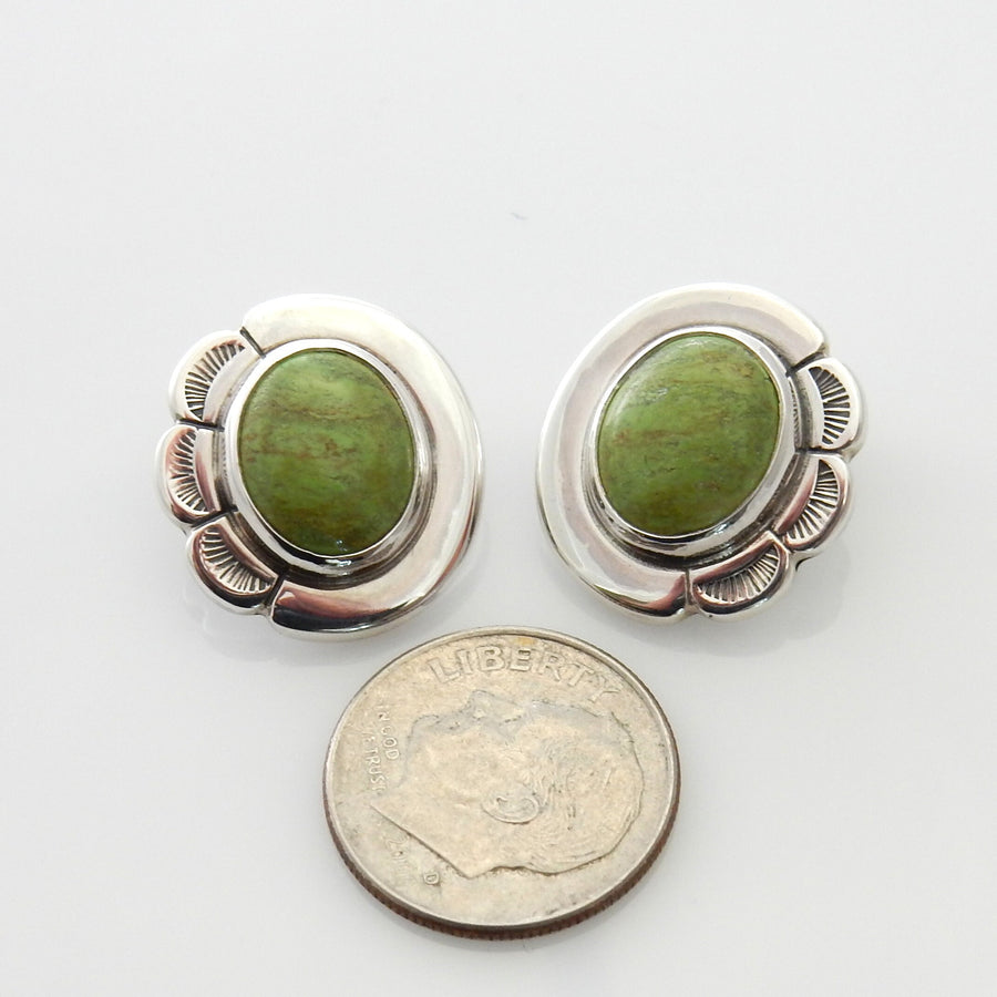 Silver Green Gaspeite Clip Earrings, Sterling Silver Handmade Gaspeite Clip Earrings, Unique Southwestern Silver Gaspeite Earrings