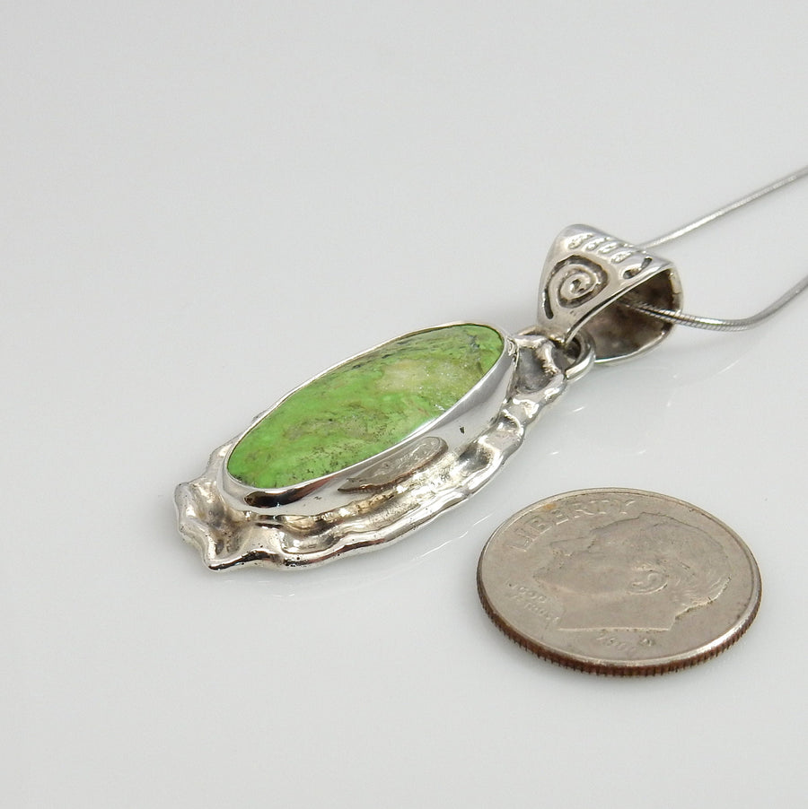 Unique Sterling Silver Green Gaspeite Pendant, One of a kind Silver Gaspeite Pendant, Sterling Silver Gaspeite Southwestern Drop Pendant