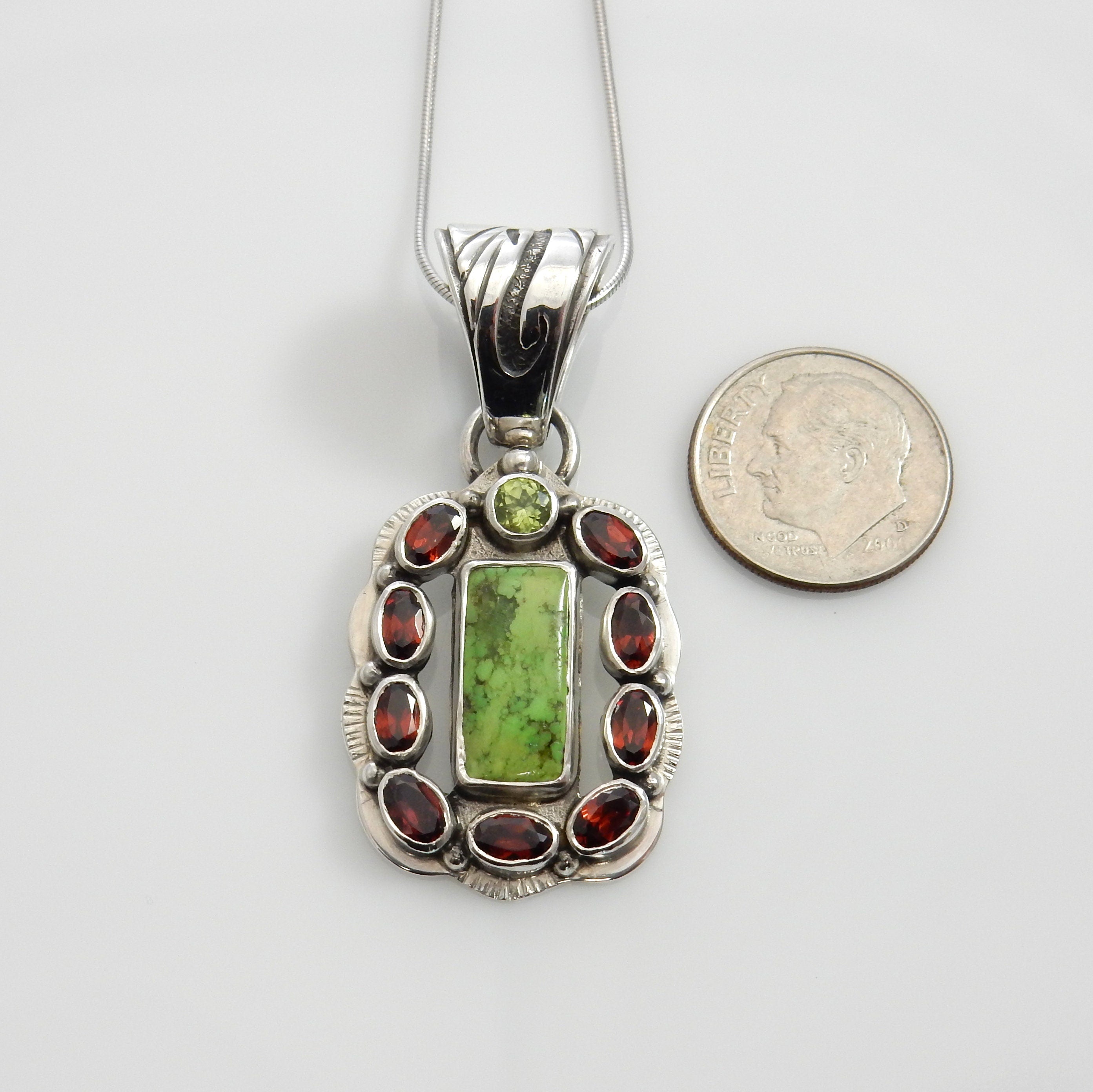 Unique Sterling Gaspeite Garnet Pendant, One of a kind Silver Gaspeite Garnet Peridot Drop Pendant, Sterling Silver Gaspeite Unique Pendant