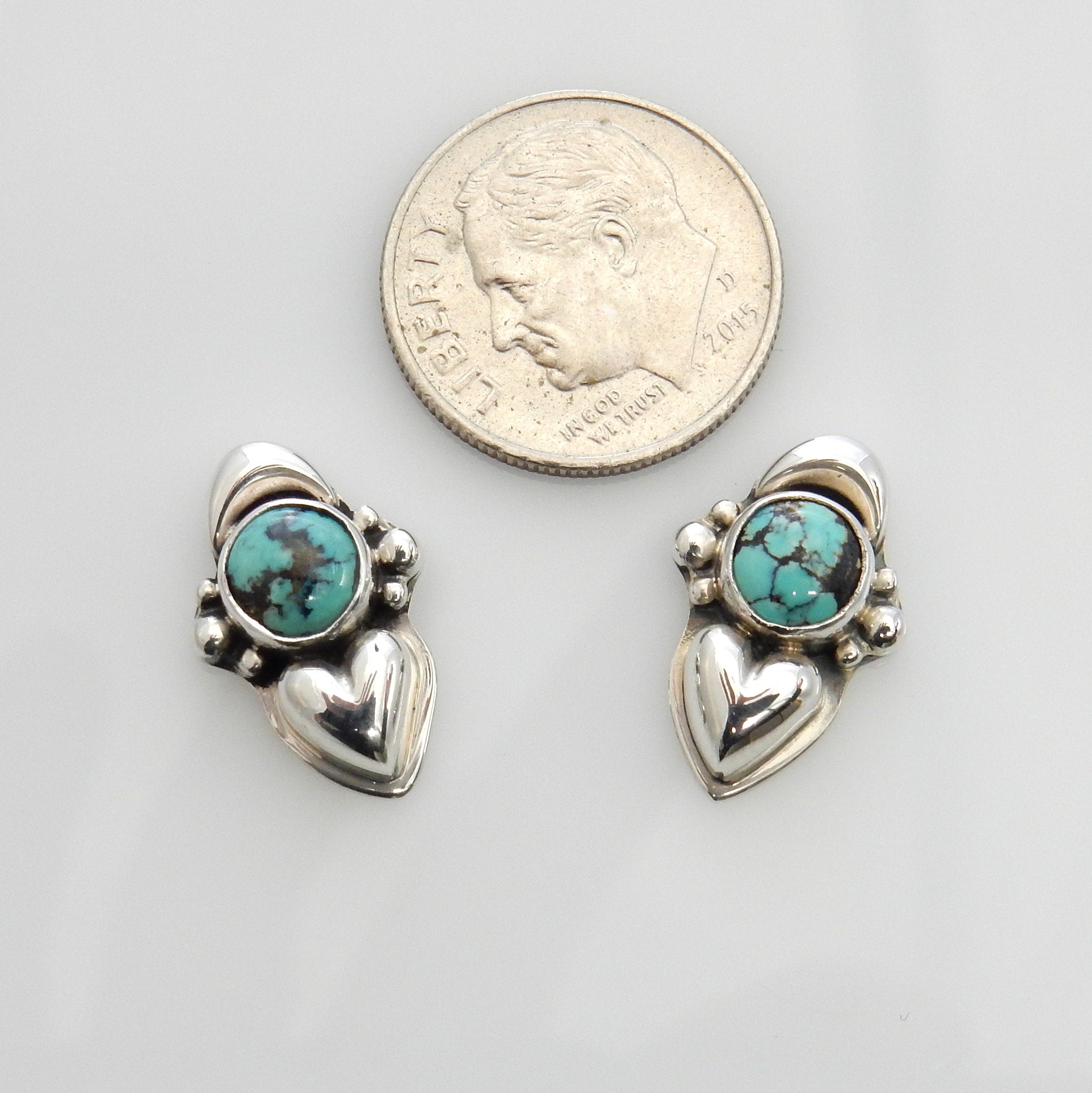 Handmade Sterling Silver Spiderweb Turquoise Post Heart Earrings, Unique Silver Turquoise Heart Earrings, Nice Sterling Heart Stud Earrings