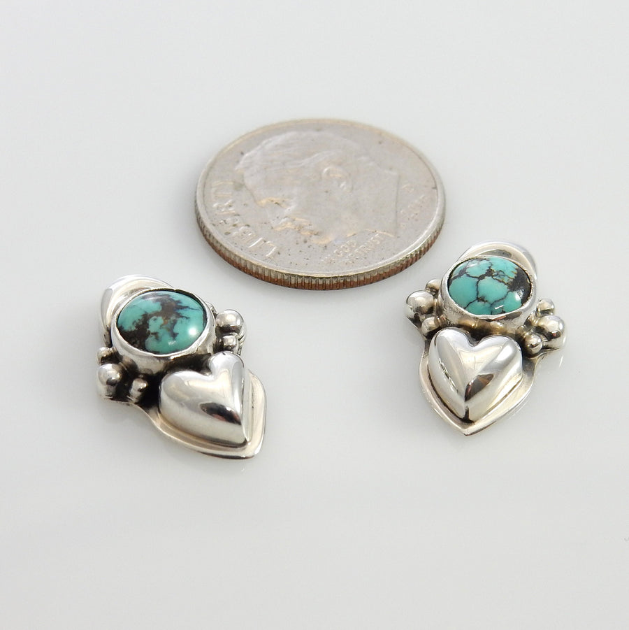 Handmade Sterling Silver Spiderweb Turquoise Post Heart Earrings, Unique Silver Turquoise Heart Earrings, Nice Sterling Heart Stud Earrings