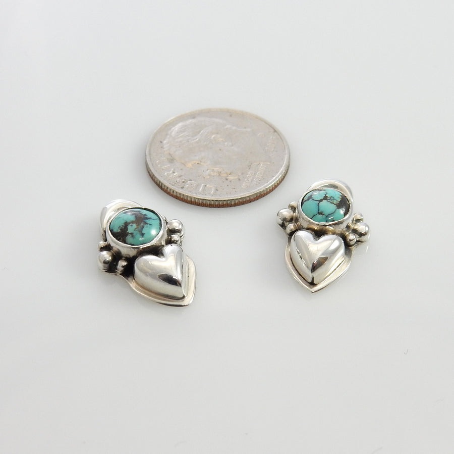 Handmade Sterling Silver Spiderweb Turquoise Post Heart Earrings, Unique Silver Turquoise Heart Earrings, Nice Sterling Heart Stud Earrings