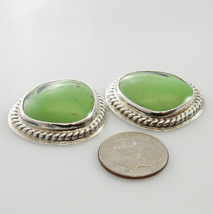 Beautiful Sterling Silver Green Gaspeite Post Earrings, Silver Handmade Gaspeite Earrings, Unique Southwestern Silver Gaspeite Post Earrings