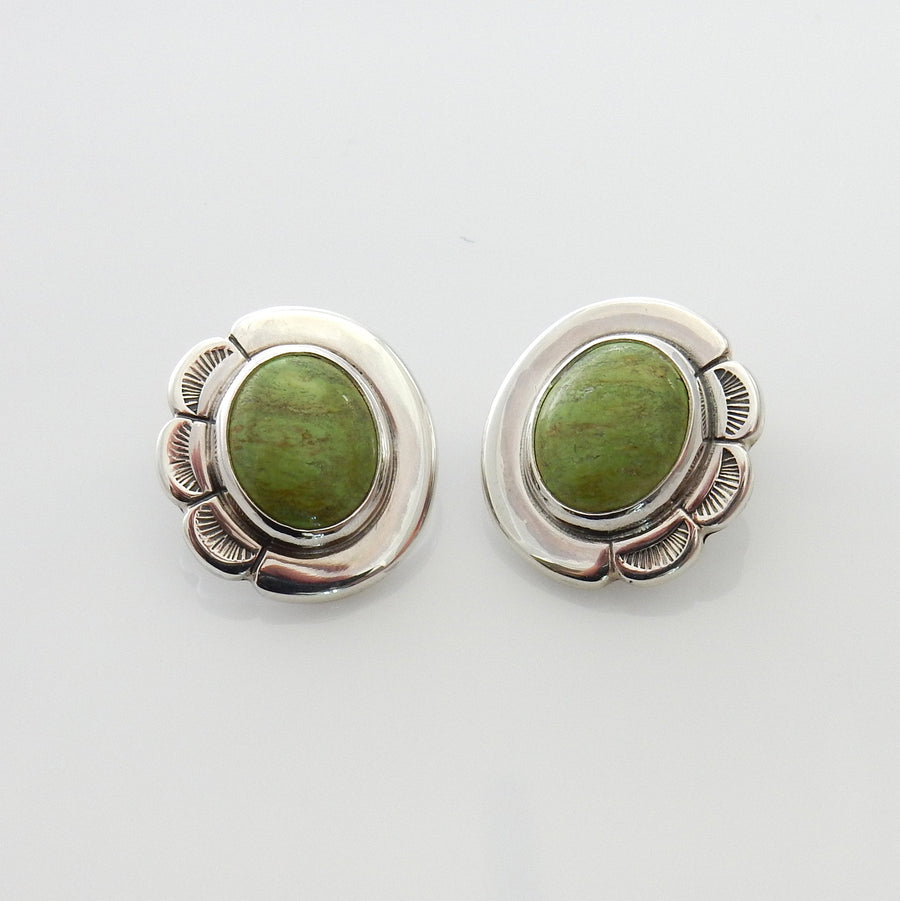 Silver Green Gaspeite Clip Earrings, Sterling Silver Handmade Gaspeite Clip Earrings, Unique Southwestern Silver Gaspeite Earrings