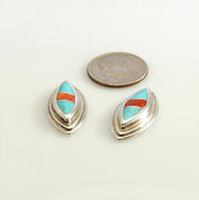 Sterling Silver Turquoise Coral Inlay Post Earrings