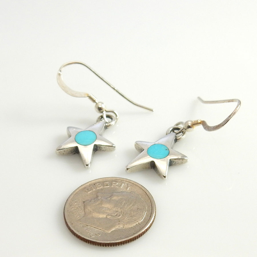 Silver blue turquoise Star Earrings, silver turquoise star inlay earrings, southwestern polished natural inlay turquoise dangle earrings