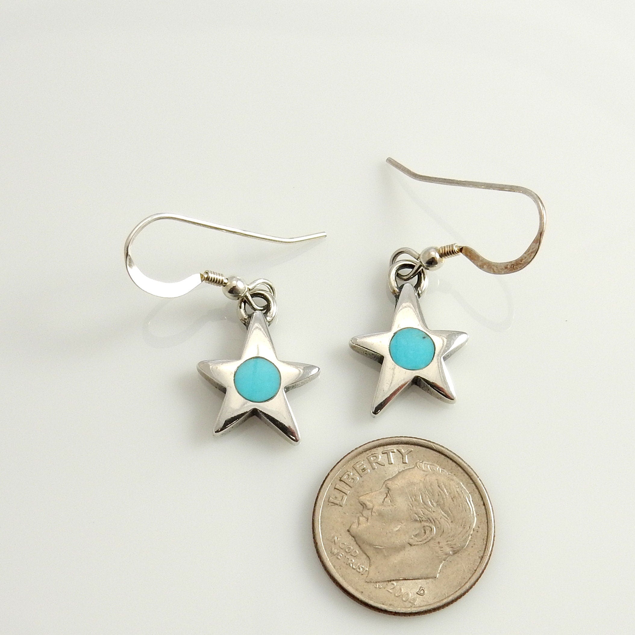 Silver blue turquoise Star Earrings, silver turquoise star inlay earrings, southwestern polished natural inlay turquoise dangle earrings