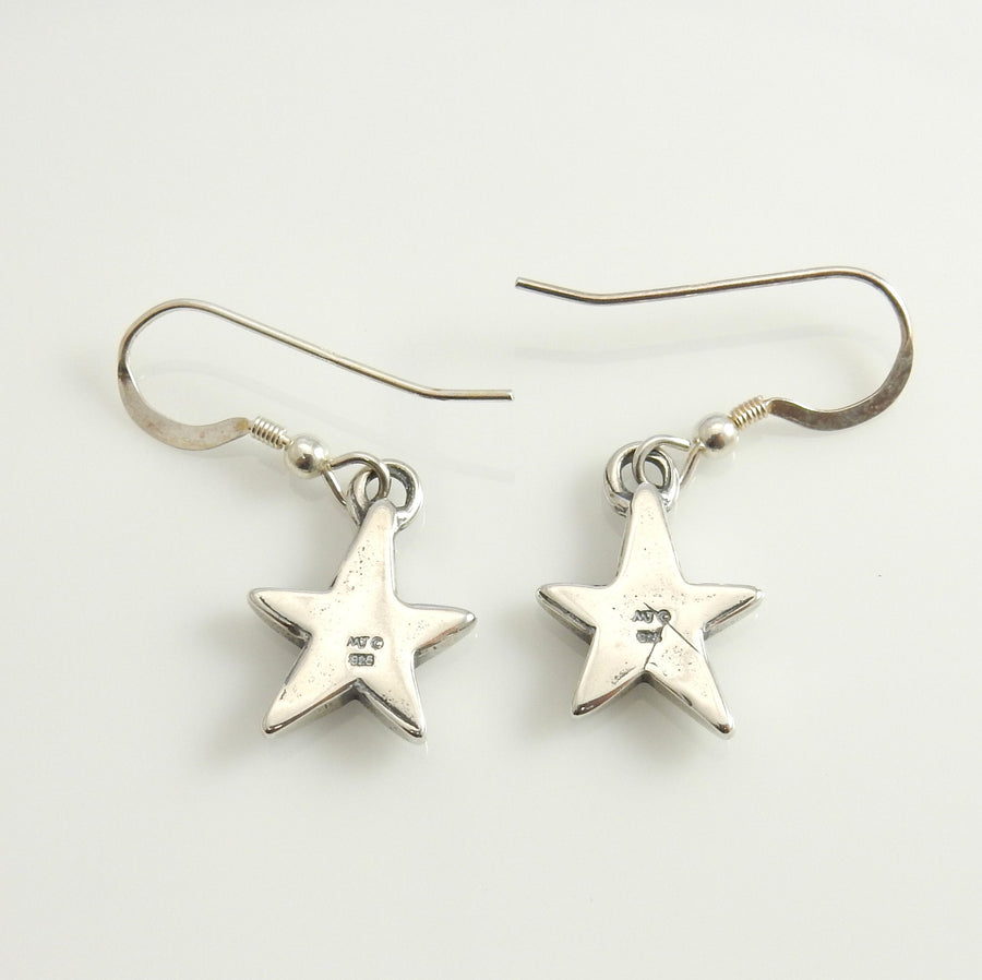 Silver blue turquoise Star Earrings, silver turquoise star inlay earrings, southwestern polished natural inlay turquoise dangle earrings