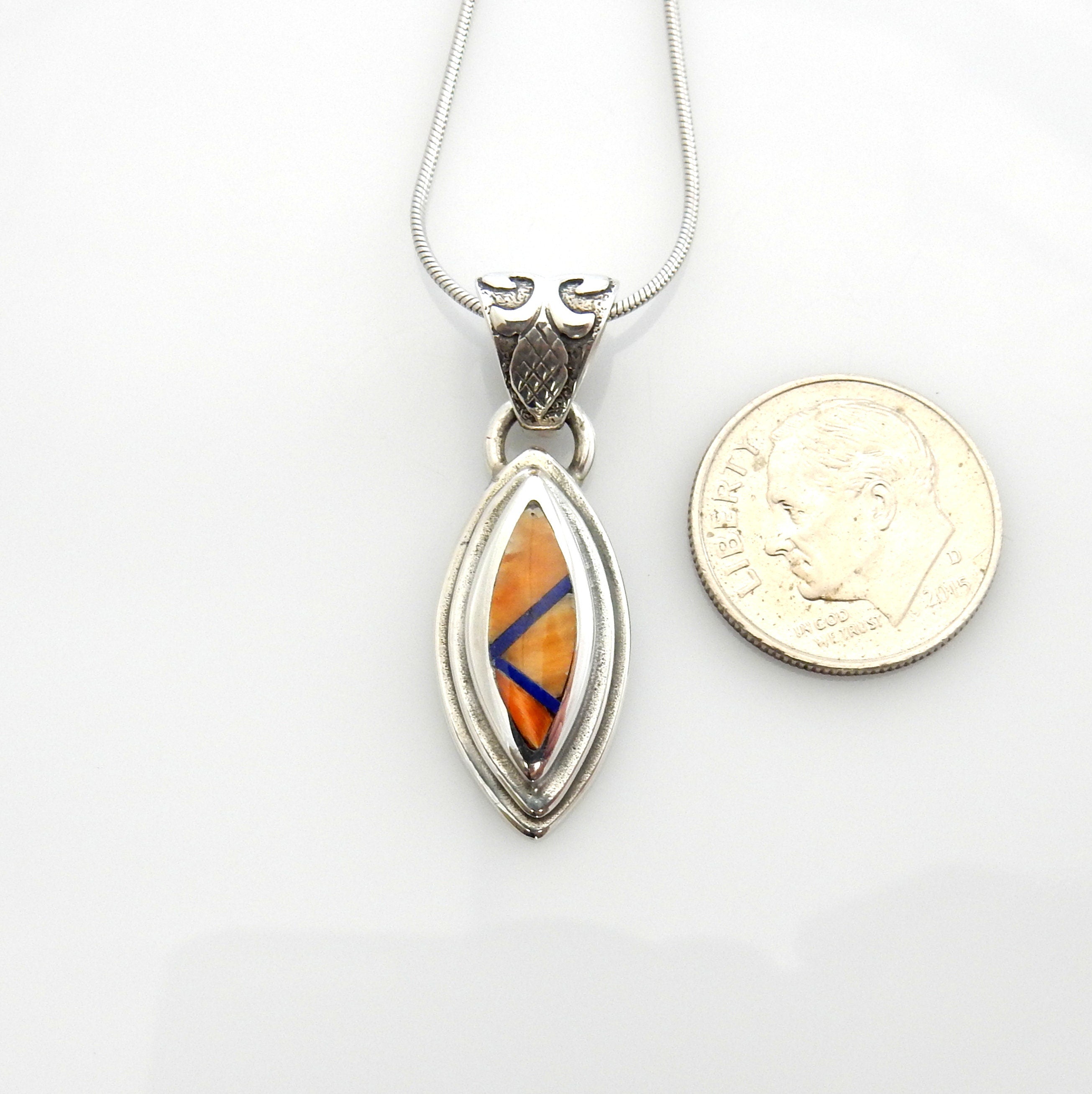 Sterling Silver Spiny Oyster Inlay Pendant, Beautiful silver spiny oyster drop inlaid pendant, spiny oyster lapis silver inlay pendant