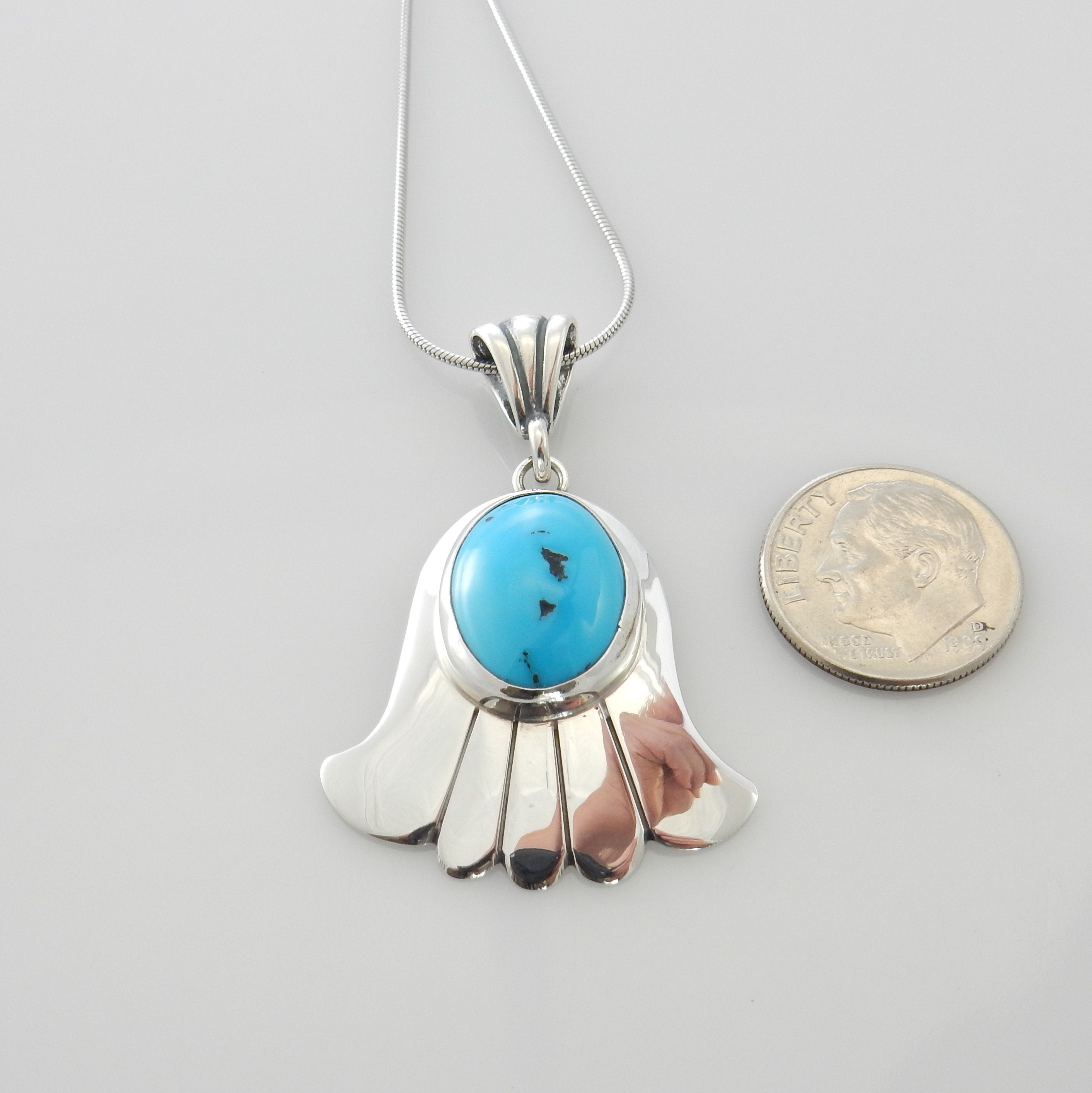 Unique Sterling Silver turquoise handmade drop pendant, one of a kind stamped blue turquoise pendant with chain