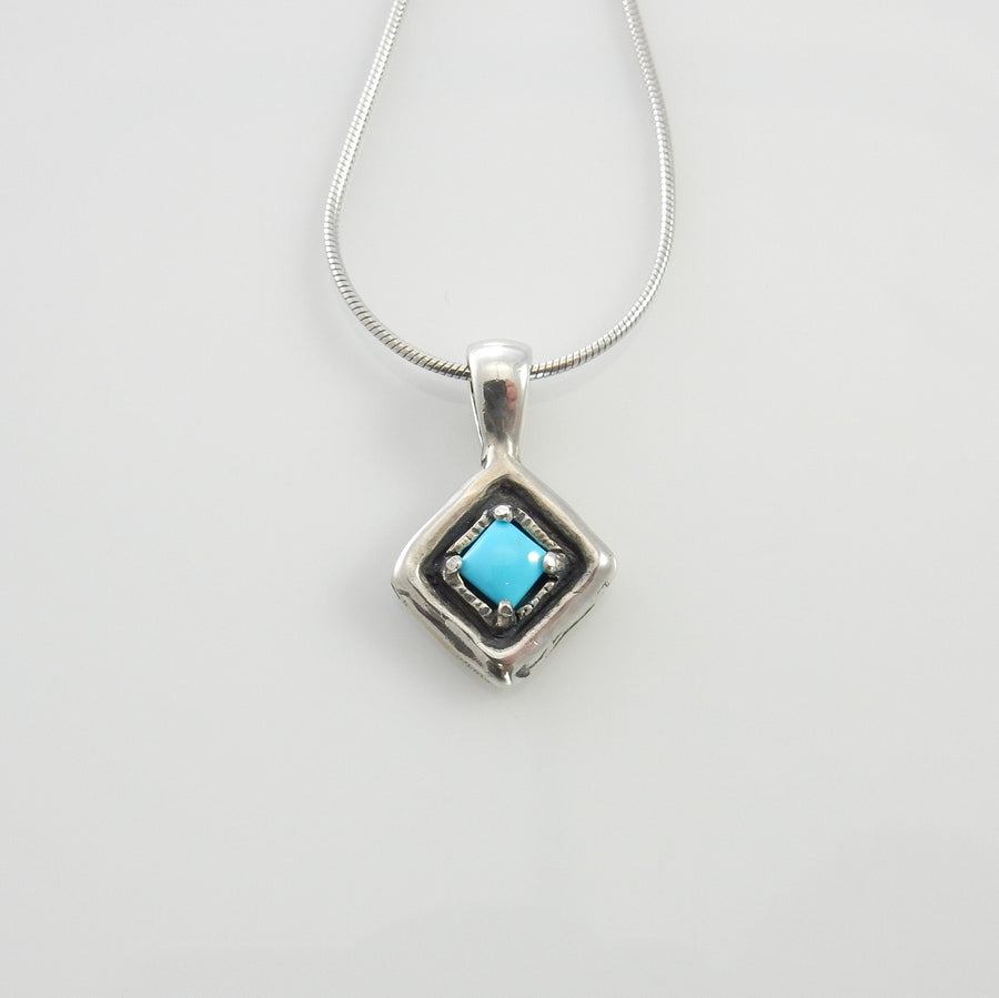 Sterling Silver turquoise drop pendant with chain, handmade blue turquoise square pendant for her