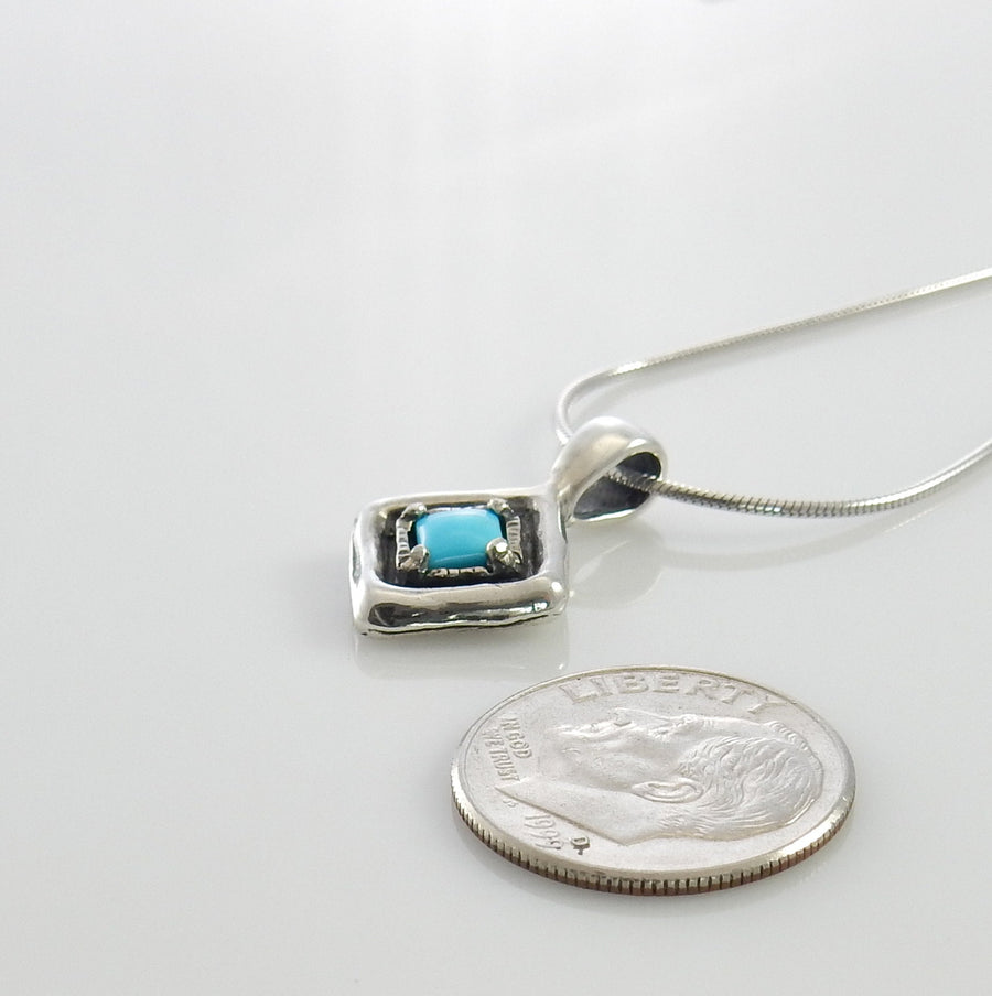 Sterling Silver turquoise drop pendant with chain, handmade blue turquoise square pendant for her