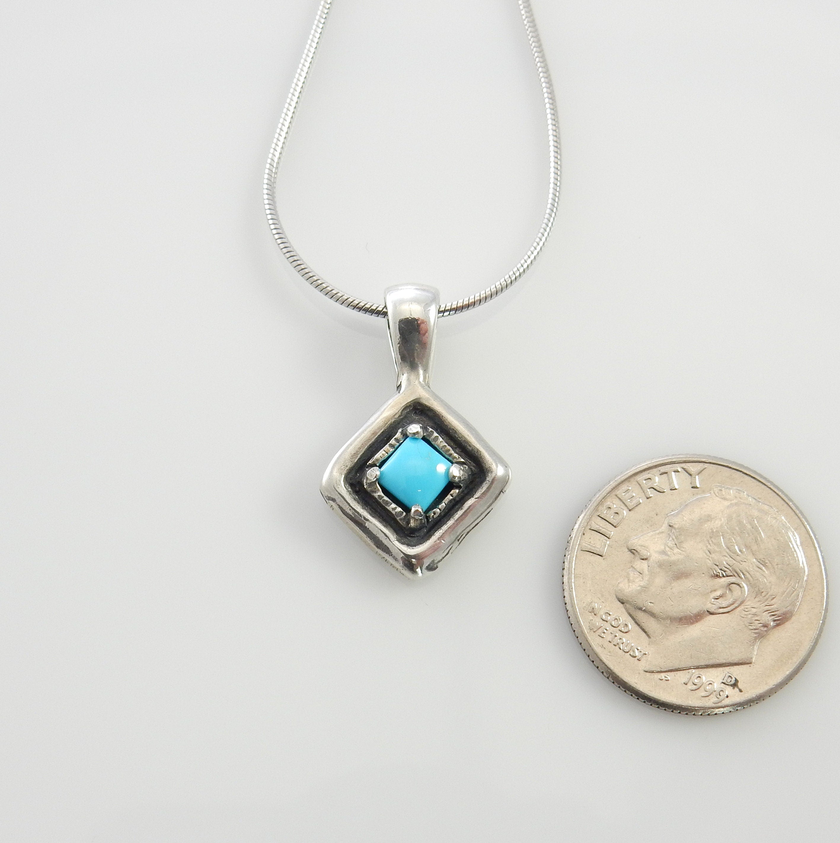 Sterling Silver turquoise drop pendant with chain, handmade blue turquoise square pendant for her