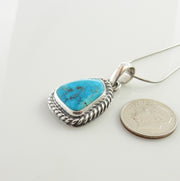 Silver turquoise handmade pendant, morenci turquoise pendant, morenci turquoise custom drop pendant with chain