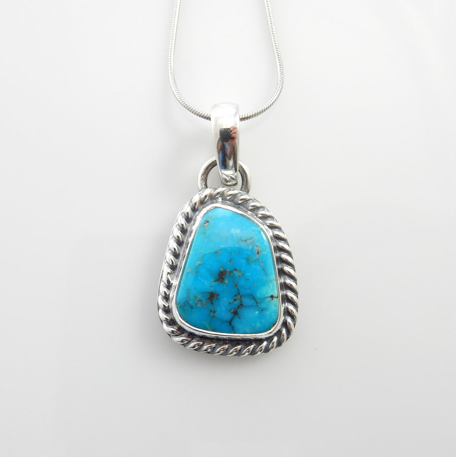 Silver turquoise handmade pendant, morenci turquoise pendant, morenci turquoise custom drop pendant with chain