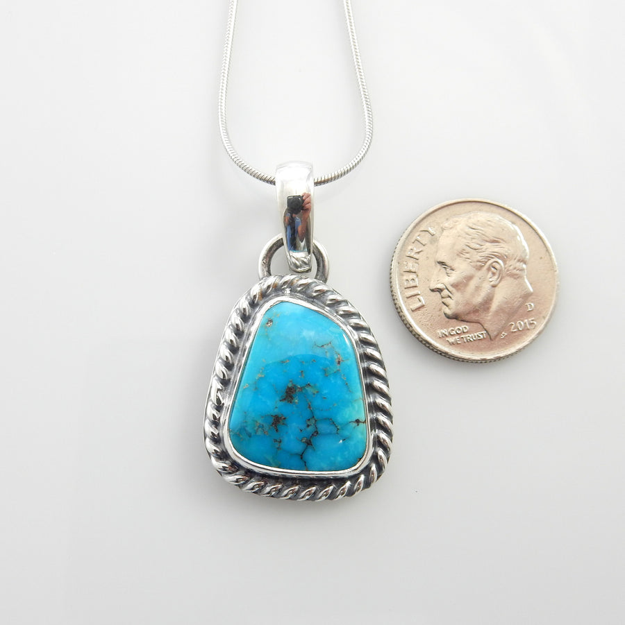 Silver turquoise handmade pendant, morenci turquoise pendant, morenci turquoise custom drop pendant with chain