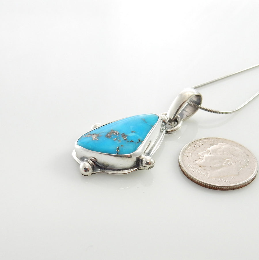 Silver turquoise handmade pendant, morenci turquoise pendant, morenci turquoise custom drop pendant with chain