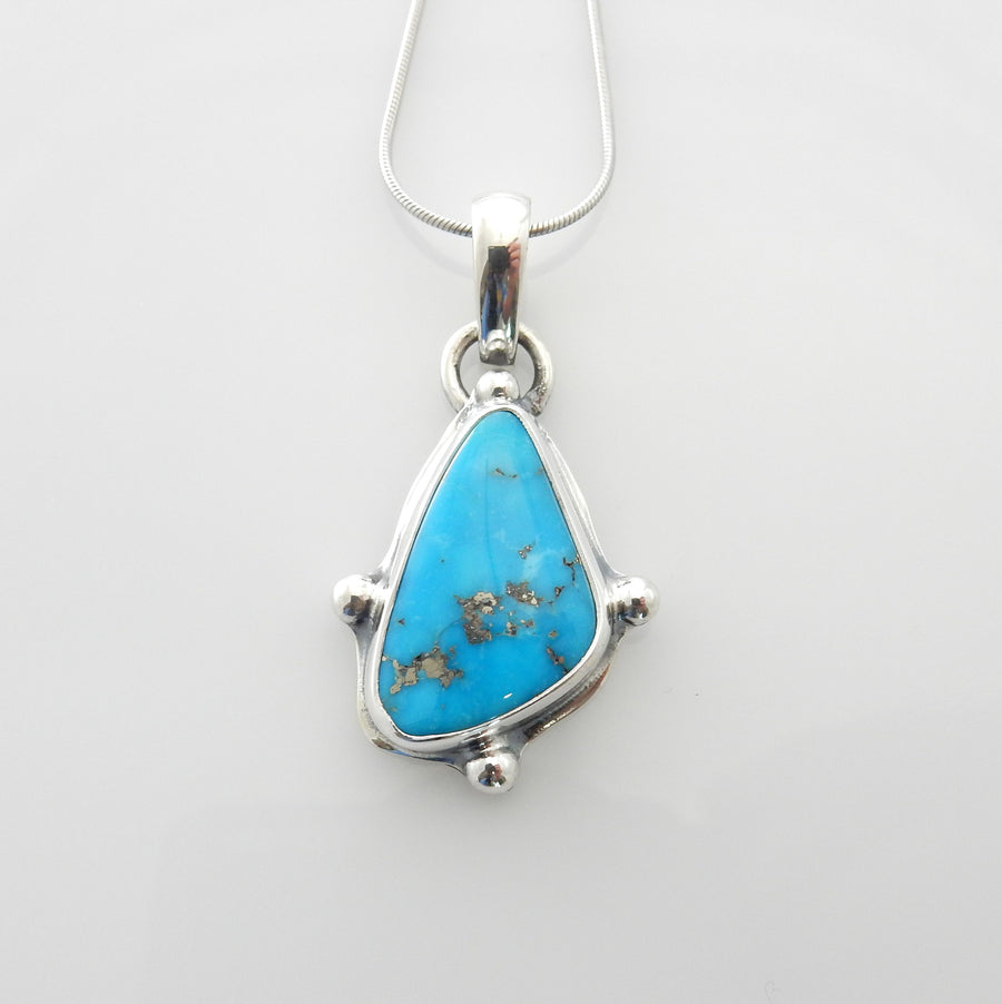 Silver turquoise handmade pendant, morenci turquoise pendant, morenci turquoise custom drop pendant with chain